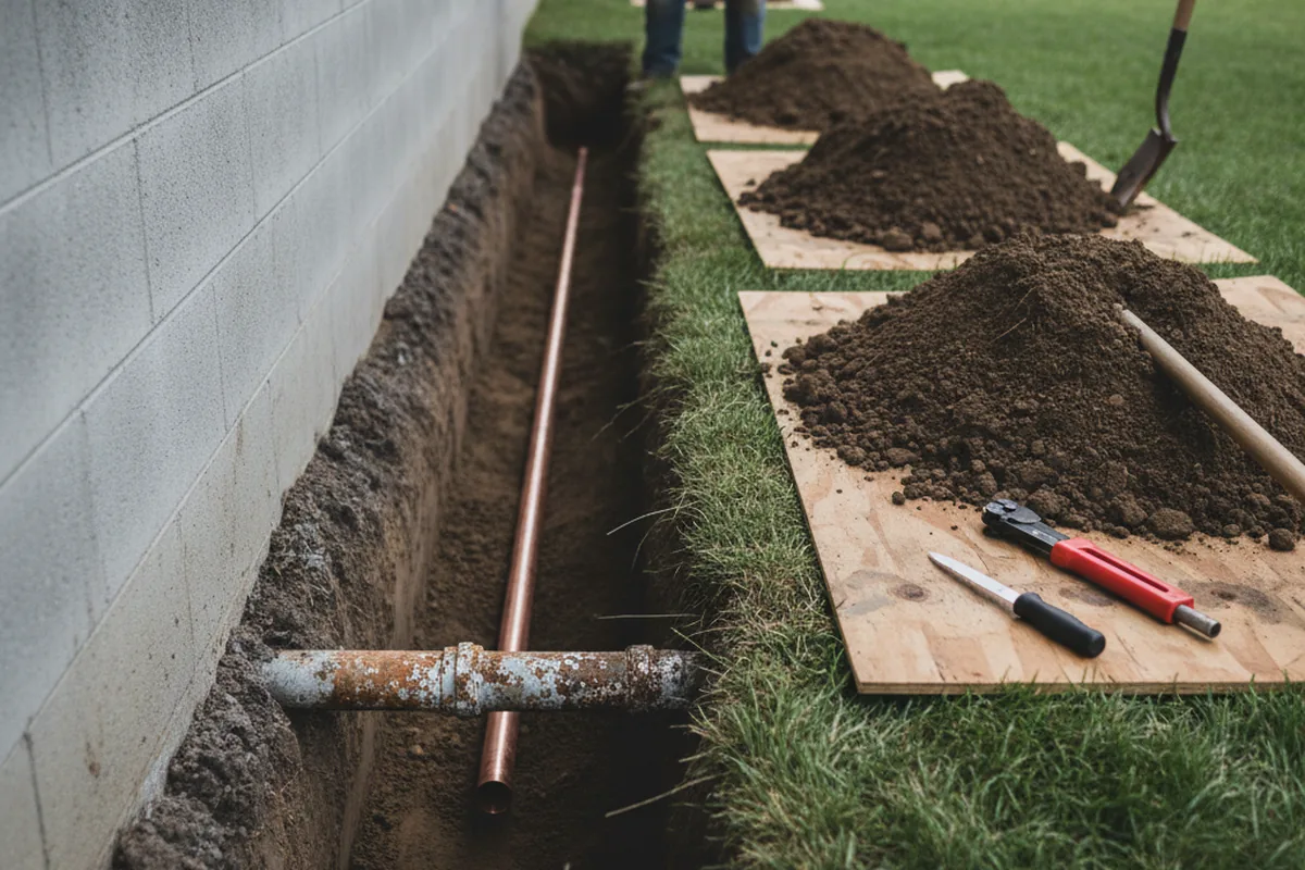 Excavated water line trench during Sewer Line Repair in Anthony